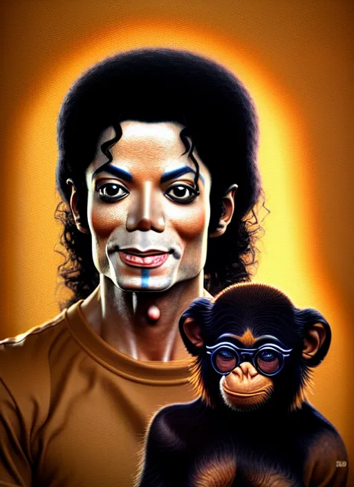 Prompt: oil painting, portrait of michael jackson with his pet chimp bubbles, intricate, octane render, detailed, beautiful, brown skin, unreal engine, symmetrical, artstation, art by karol bak, art by artgerm, rossdraws, cinematic, concept art, filmic, vsco