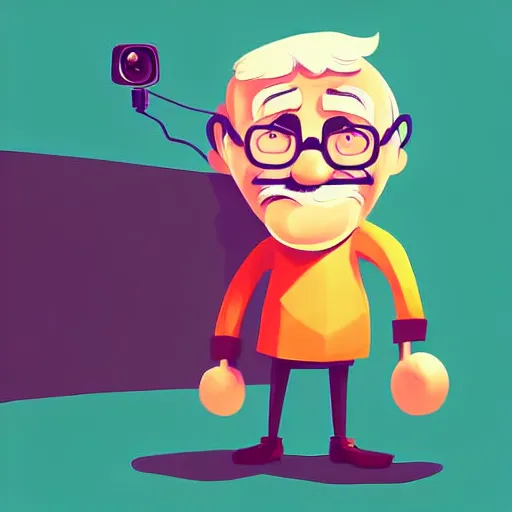 Image similar to curled perspective digital art of a cute smiling grandpa cartoon character with a photo camera by anton fadeev