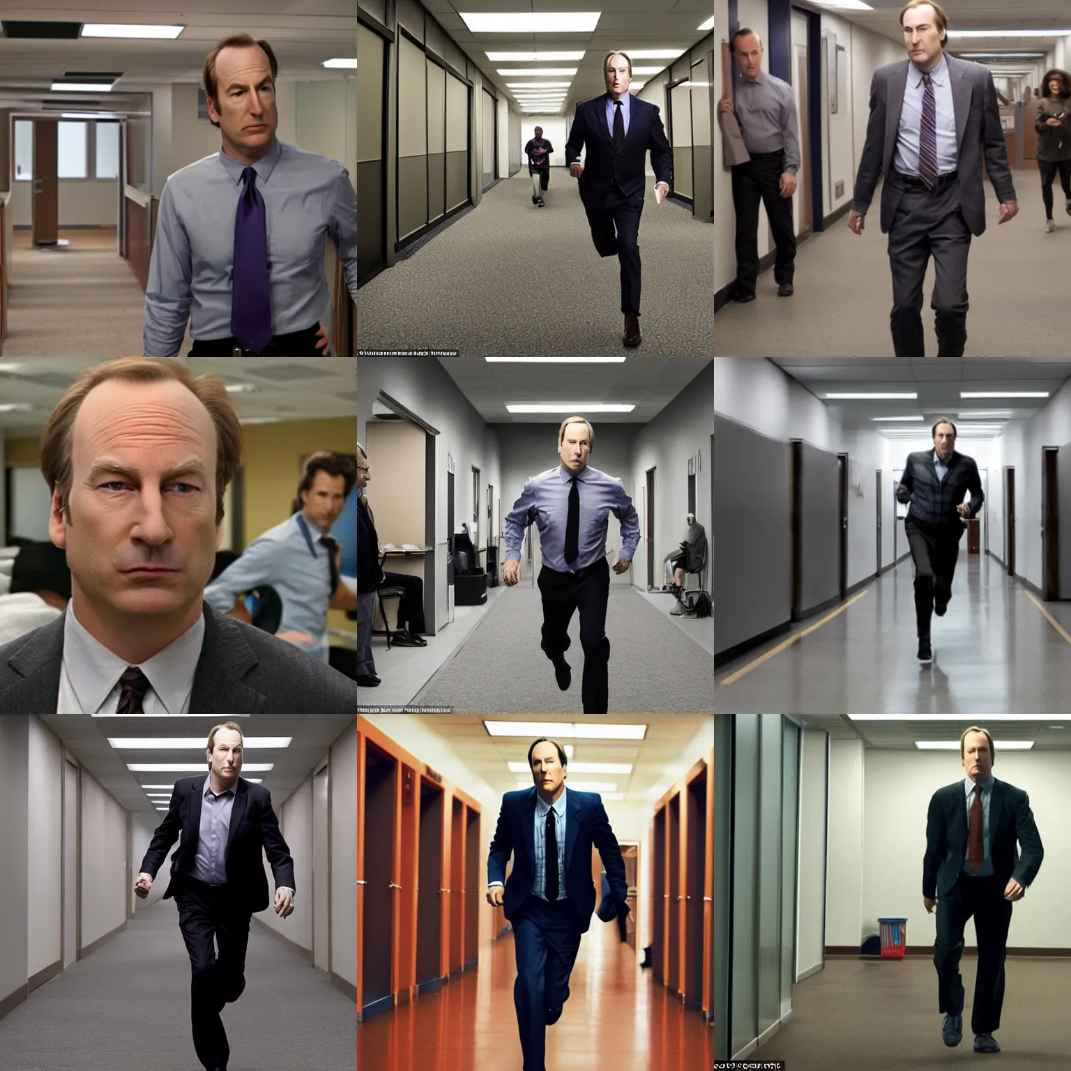 Prompt: pov : bob odenkirk chases you through endless office corridors, running, sprinting, sprinting, running, blurred, frantic