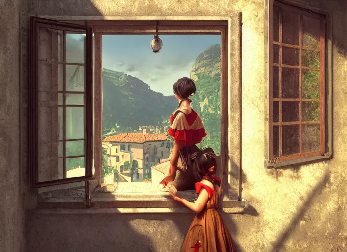 Image similar to seen through a window, italian village, by ilya kuvshinov, rtx rendering, octane render 1 2 8 k, maya, extreme high intricate details by tom bagshaw, composition by sana takeda, lighting by greg rutkowski