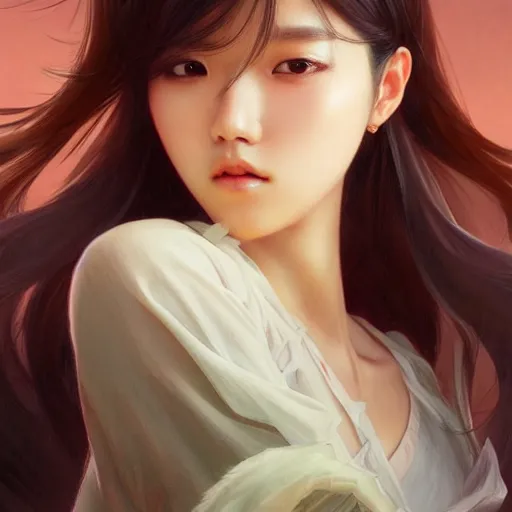 Prompt: portrait of kpop idol, dreamy and ethereal, casual clothes, fierce expression, intricate, highly detailed, digital painting, artstation, concept art, smooth, sharp focus, illustration, art by artgerm and greg rutkowski and alphonse mucha