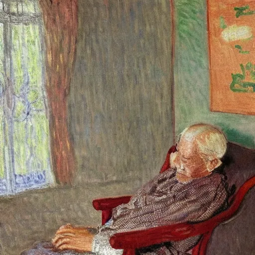 Image similar to japanese old man sleeping on arm chair in his living room by monet