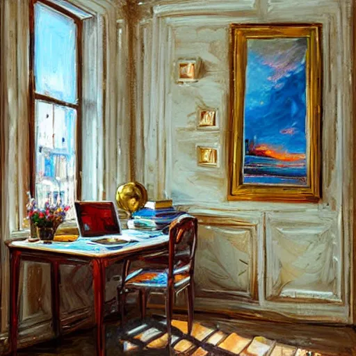 Image similar to a cozy little office nook, dmitry spiros, 8 k, wide angle,