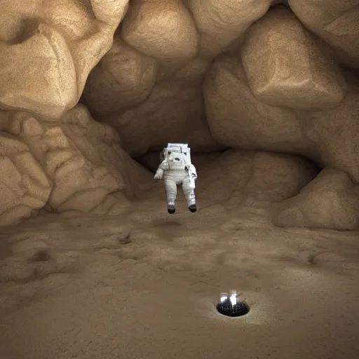 Prompt: A photorealistic 3D render of an astronaut floating in a cave, by stuz0r, trending on instagram, trending on artstation, volumetric lighting, Photoreal Octane Render, PBR Texturing, physical based render,