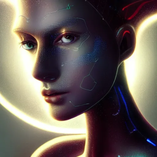 Image similar to masterpiece!!!! portrait of a futuristic android, science fiction, smooth technology, smooth body, fairy wings, intricate, headshot, highly detailed, digital painting, trending on artstation, concept art, sharp focus, cinematic lighting, illustration, art by masamune shirow , vivid colors, warm glows, particles, cgsociety