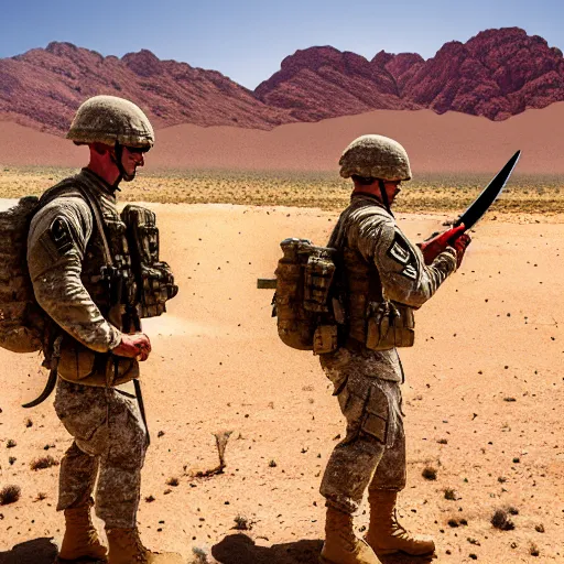 Prompt: two soldiers are combing the desert using a large comb, high definition, beautiful award winning photography, 8 k.