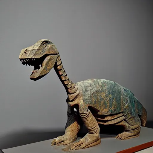 Prompt: ancient Irish, iron age, photo of stone carved statue of a dinosaur, in museum room