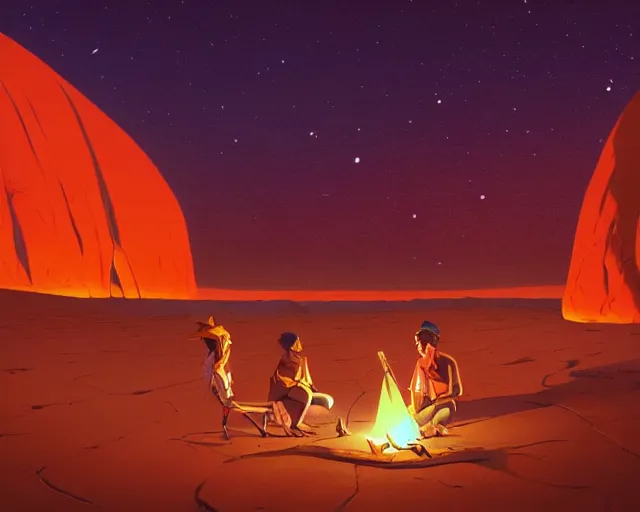 Prompt: man sitting at uluru playing medicine drum at campfire under cosmic night sky, behance hd by jesper ejsing, by rhads, makoto shinkai and lois van baarle, ilya kuvshinov, rossdraws global illumination radiating a glowing aura global illumination ray tracing hdr render in unreal engine 5