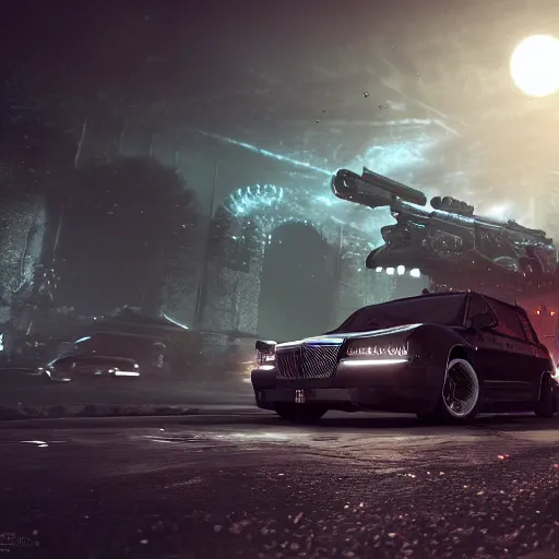 Image similar to armored hearse with machine guns on a dark scary road at night by Paul Chadeisson, atmospherical, high detail, sci-fi, cinematic, Artstation trending, octane render
