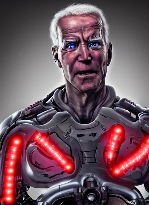 Image similar to hyper realistic ultra realistic cyborg photo Doom furious glowing red eyes biden