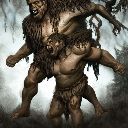 Image similar to a two - headed ettin from dnd in a dark forest, digital art, high quality render, artstation