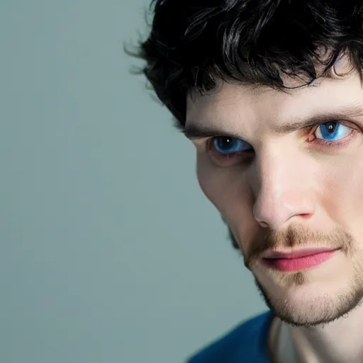 Prompt: colin morgan, handsome portrait, as merlin, hyper real, glow, sapphire blue eyes, 4 k, award winning portrait.