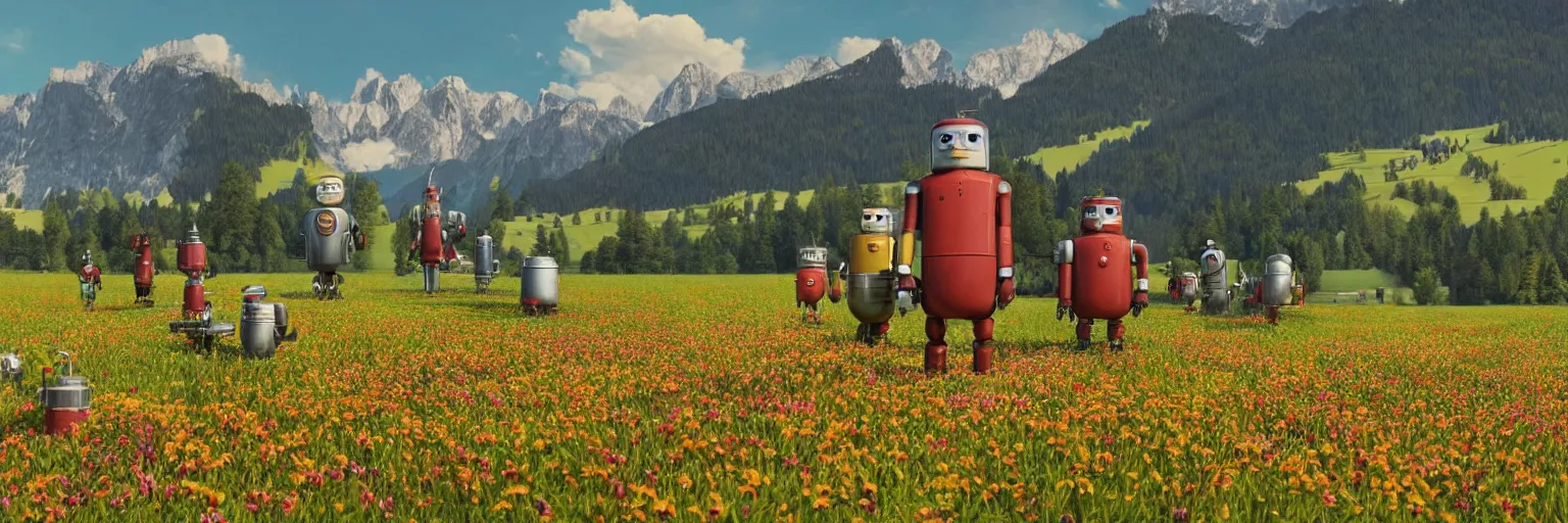 Prompt: a ultra photorealistic and sharp film still of an a sunny and colourful open field in 1 9 0 0 in the middle of the bavarian alps, germany. a bunch of tin can robots posing for instagram in the foreground. wide shot, wes anderson, studio ghibli, pixar and disney animation, octane render, anime key art by greg rutkowski, dramatic lighting, award winning photography