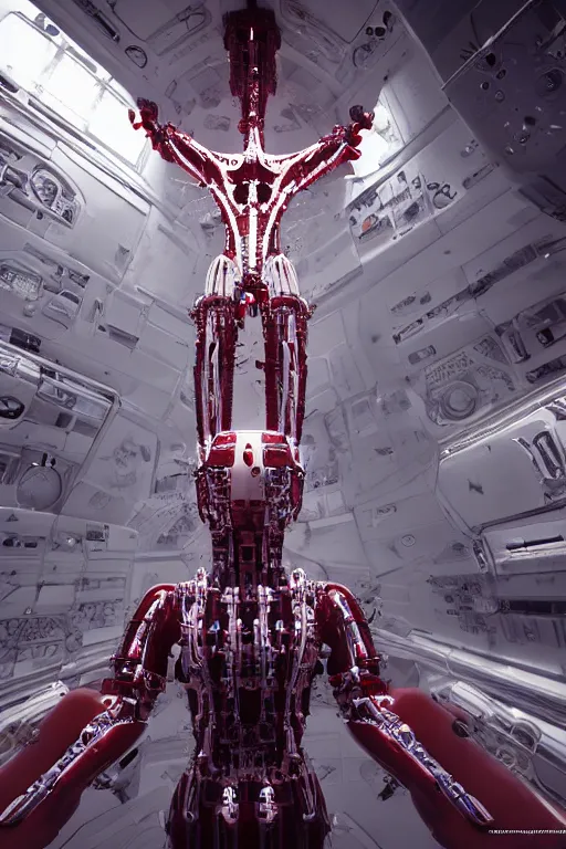 Prompt: space station interior white cross cross inflateble shapes wires tubes veins jellyfish, white biomechanical details a statue jesus on cross made of red marble hands nailed to a cross perfect symmetrical body full body shot, wearing epic bionic cyborg implants masterpiece, intricate biopunk vogue highly detailed, artstation concept art cyberpunk octane render
