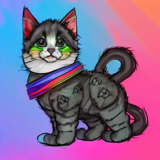 Image similar to wide angle full body, of a fluffy cute rainbow kitten wearing a black leather motorcycle jacket, concept art