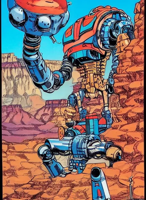 Image similar to comic book drawing of a giant mechanical robot crab at the grand canyon by jack kirby!!! and simon bisley, epic, awesome trendy color palette, black ink outlines