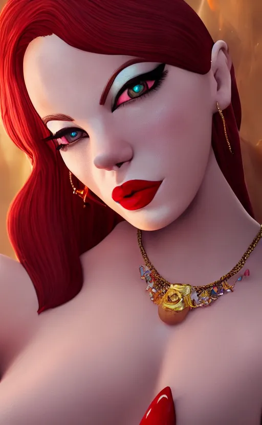 Prompt: jessica rabbit work safe dreamlike with jewelry, character art, hyperdetailed, 8 k realistic, frostbite 3 engine, cryengine, dof, trending on artstation, digital art