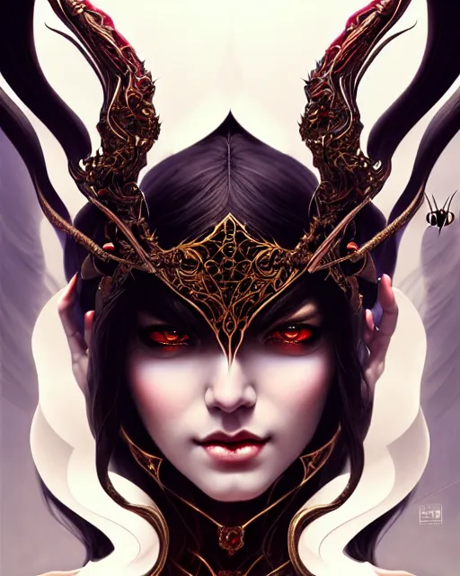 Image similar to portrait of spiderwoman, intricate ornate details, fantasy, elegant, highly detailed, digital painting, artstation, concept art, smooth, sharp focus, illustration, artbook, splash art, promo art, soul calibur, league of legends, art by artgerm and greg rutkowski and bo chen and jin xiaodi