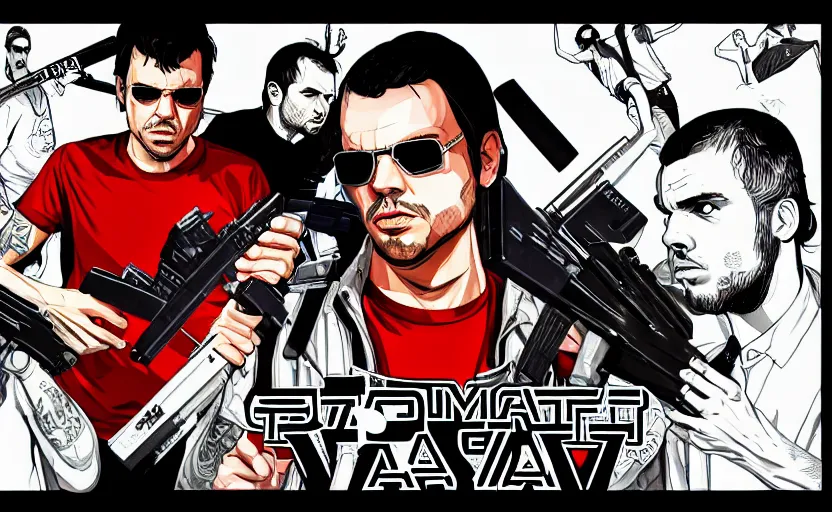 Image similar to full body of Raelsan GTA V loading screen illustration in the style of Stephen Bliss, uncrop, uncropped Orelsan very detailed GTA illustration from Stephen Bliss, full body Orelsan trending on artstation, Orelsan trending on deviantart, symmetrical face Orelsan, GTA V, Orelsan