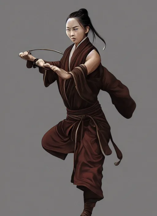 Prompt: portrait of a female drunken master monk exercising by wlop, wuxia, xianxia, drunken boxing, drunken fist, drunken master, dark olive skin, athletic, playful, beautiful, fully clothed, monk's robe, detailed, realistic, anatomically accurate, fantasy illustration, artstation, wlop.