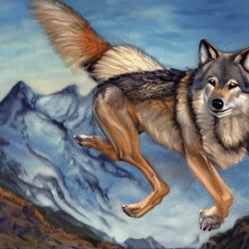Image similar to a painting of a wolf hauling on top of a mountain