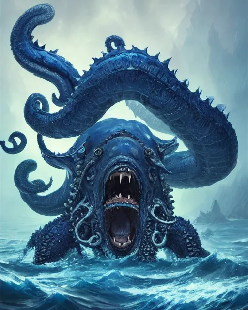 Image similar to A blue Kraken in the sea, highly detailed, fantasy art, female art, in the style of greg rutkowski, illustration, epic, fantasy, intricate, hyper detailed, artstation, concept art, smooth, sharp focus, ray tracing