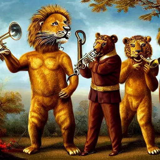 Prompt: a brass band with a lion playing a trumpet, a tiger playing the trombone and a bear playing the horn