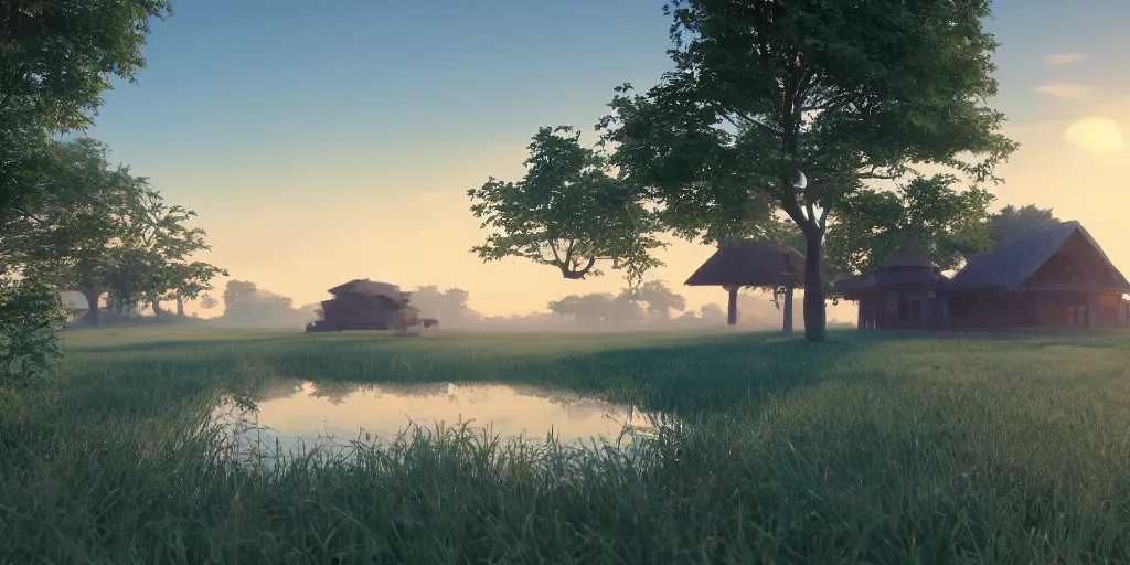 Image similar to a serene landscape with singular building near a lake with lotus at sunrise, pixar style, ghibli studio anime style, 8 k, hdr, octane render, unreal engine 5
