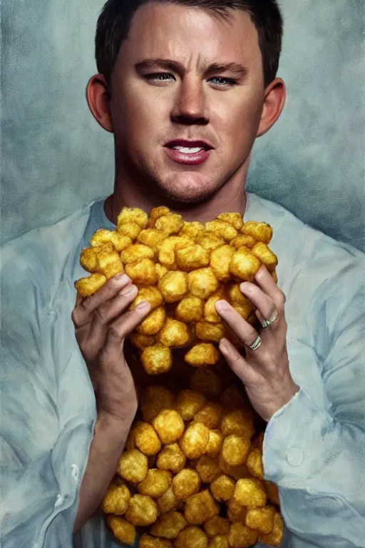 Image similar to channing tatum in a tater tot costume, oil on canvas, intricate, 8 k highly professionally detailed, hdr, cgsociety