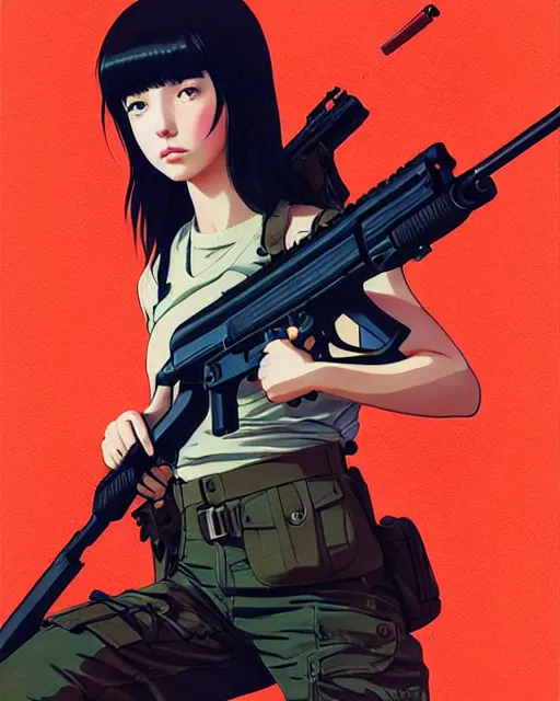 Image similar to girl holding a rifle | | very very anime!!!, fine - face, audrey plaza, realistic shaded perfect face, fine details. anime. realistic shaded lighting poster by ilya kuvshinov katsuhiro otomo ghost - in - the - shell, magali villeneuve, artgerm, jeremy lipkin and michael garmash and rob rey