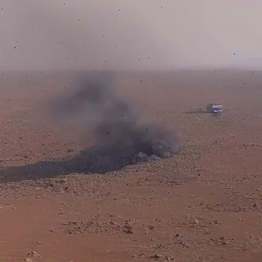 Prompt: a massive cargo ship falls from the sky landing violently in the desert causing a large dust cloud and lots of debris to fly everywhere