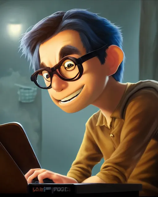 Prompt: An epic fantasy comic book style portrait painting of a man, , light brown piercing eyes, long face, brown medium hair, wearing a dark blue shirt and black pants, blue rimmed glasses, working on a laptop at a desk, character design by Mark Ryden and Pixar and Hayao Miyazaki, unreal 5, DAZ, hyperrealistic, octane render, cosplay, RPG portrait, dynamic lighting, intricate detail, summer vibrancy, cinematic