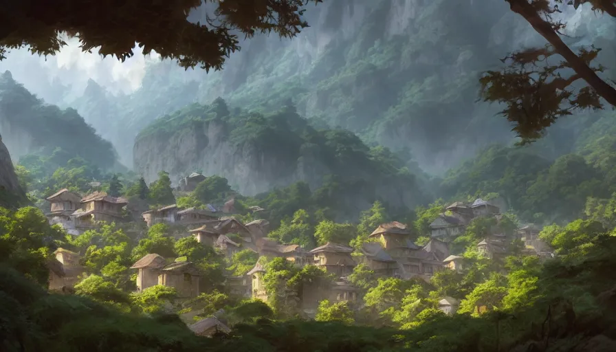 Image similar to A highly detailed matte painting of a village below a mountain range made of trees, by Studio Ghibli, Makoto Shinkai, by Artgerm, by WLOP, by Greg Rutkowski, volumetric lighting, octane render, 4K resolution, trending on artstation, masterpiece