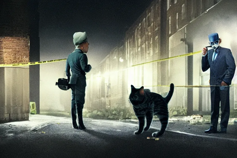 Image similar to film still of a genetically modified anthropomorphic humanoid cat detective at a crime scene. directed by david fincher.