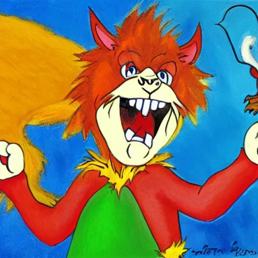 Image similar to impressionist painting of fallon sherrock playing darts with snarf from thundercats