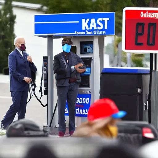 Prompt: Joe Biden raising gas prices at pump crisp detail laughing pointing people shouting with masks on