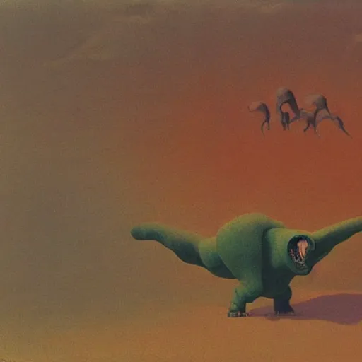 Image similar to new strange animals are coming down from the sky, a painting by Zdzisław Beksiński and Studio Ghibli