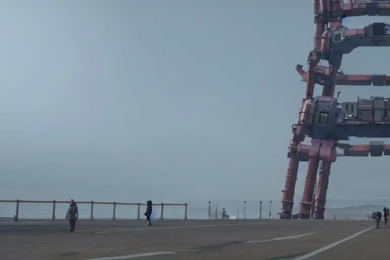 Image similar to cinematography of giant Mech on Santa Monica peer By Emmanuel Lubezki