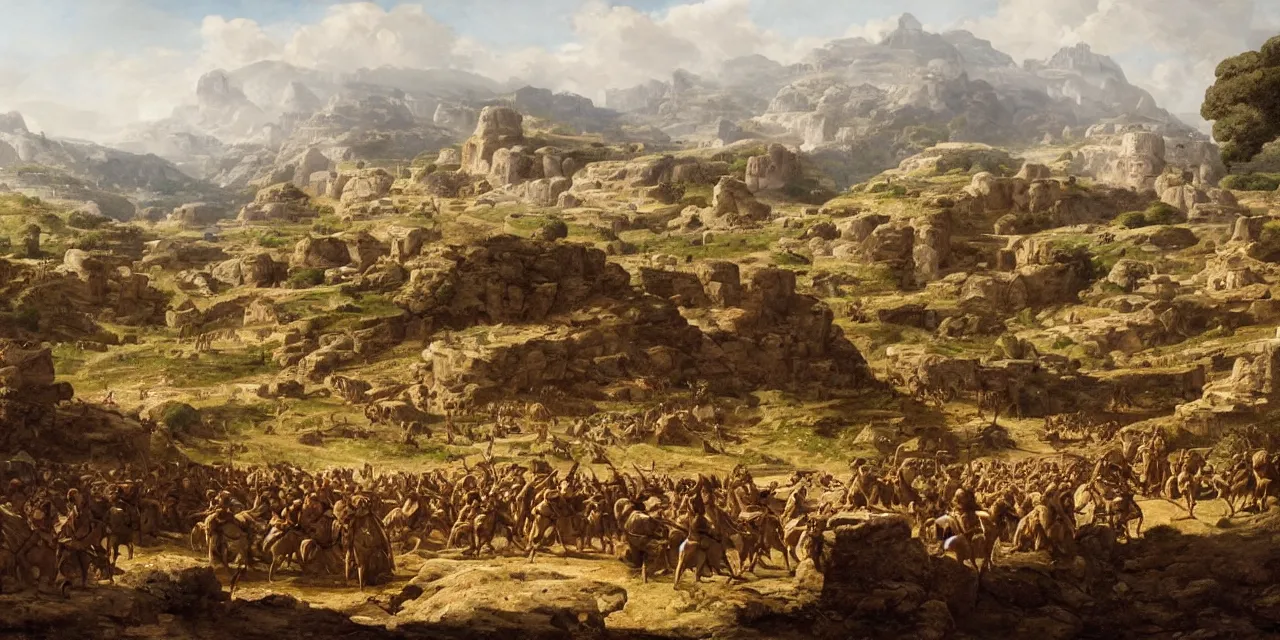 Prompt: Wide shot of epic Italian landscape near river Aufidus, distant battle of Cannae 216 BCE, with republic-era Roman soldiers in formations, Carthaginian phalanxes in formations, by Raphael Lacoste, greg rutkowski, makoto shinkai