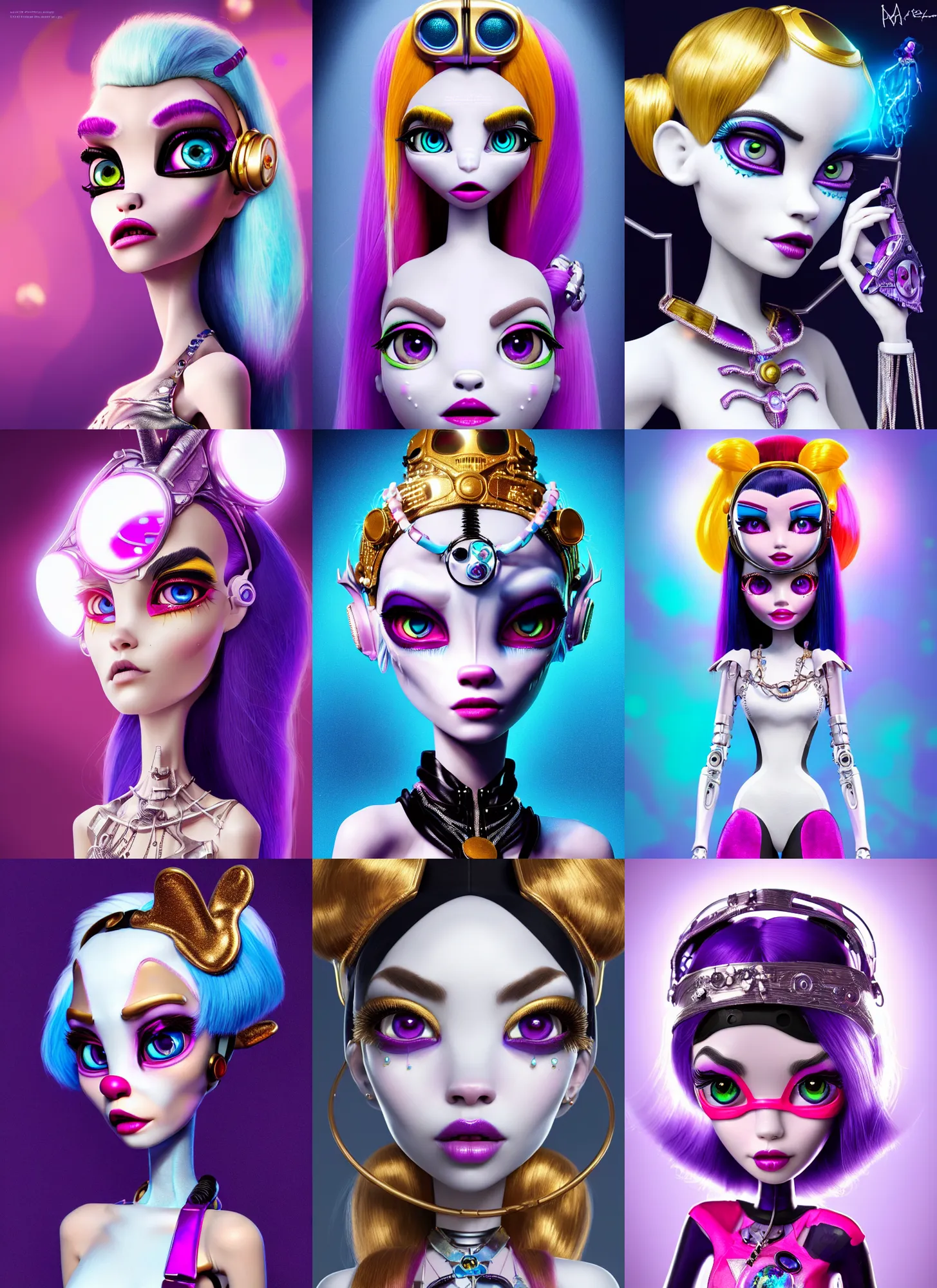 Prompt: pixar portrait 8 k photo, beautiful white avatar monster high clowncore madison beer cyborg woman, golden ratio jewelry candy, sci - fi, fantasy, cyberpunk, intricate, visor, elegant, highly detailed, digital painting, ever after high, octane render, artstation, concept art, smooth, sharp focus, illustration, art by artgerm, loish, wlop