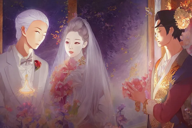 Prompt: a dreamlike portrait of wedding close up moment of a divine a taiwan sun god and moon goddess lovers magician at a wedding banquet. highly detailed, digital painting, fantasy wedding screen, 8 k realistic, hyper detailed, by makoto shinkai and akihiko yoshida and hidari and wlop