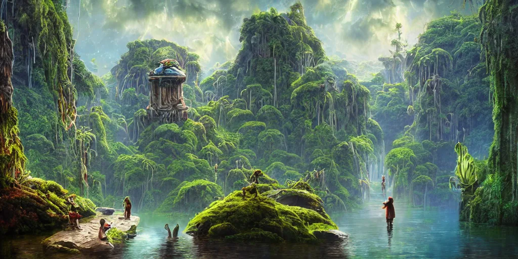 Image similar to balanced masterpiece, fairytale, sci - fi city, mystical lake, monolithic temple, interstellar infinity portal, rainforest mountains, lush plants flowers, epic natural light, bright clouds, luminous sky, outer worlds, bright cinematic lighting, esao andrews, michael cheval, michael whelan, airbrush digital nouveau oil painting, vray, 8 k hd