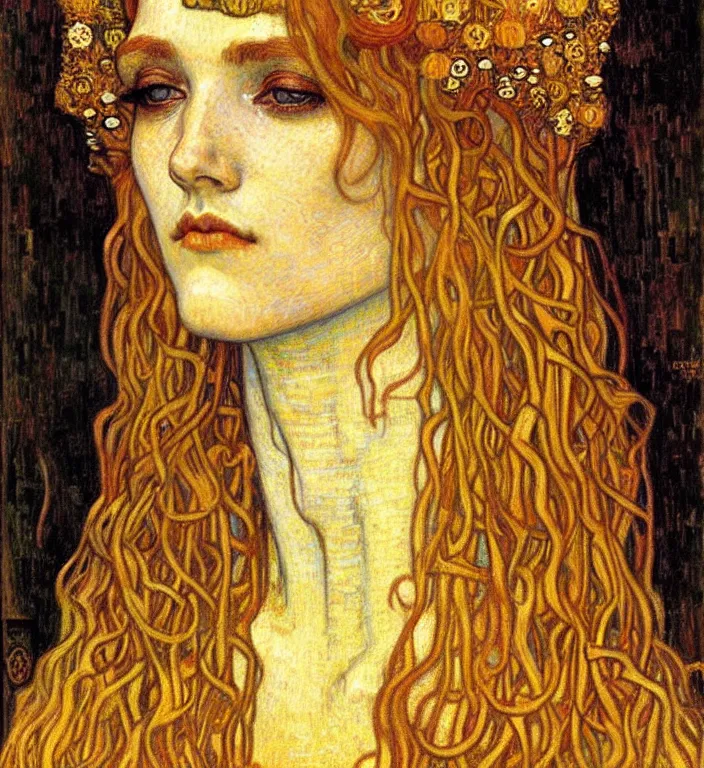 Image similar to detailed realistic beautiful young medieval queen face portrait by jean delville, gustav klimt and vincent van gogh, art nouveau, symbolist, visionary, gothic, pre - raphaelite, muted earthy colors, desaturated