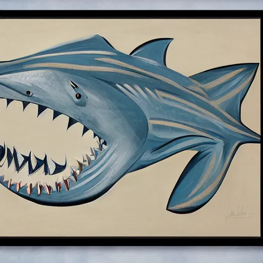 Prompt: Intricate five star Shark portrait by Pablo Picasso, oil on canvas, high detail, matte finish, high contrast, 3d depth, masterpiece, vivid colors, artstationhd