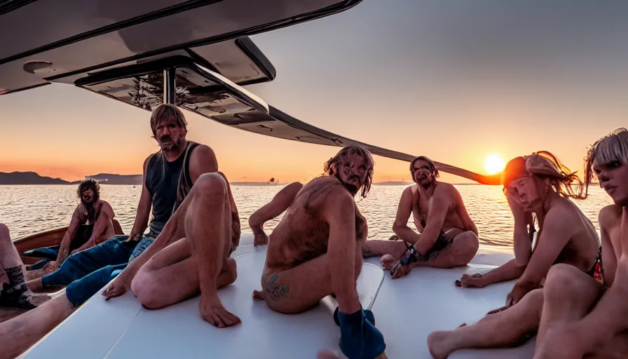 Prompt: several hobo bums party hard on the luxury super yacht, sunset light, expensive materials, symmetrical, cinematic, elegant, luxury, real photography, 4 k, ultra hd, luxury journal cover