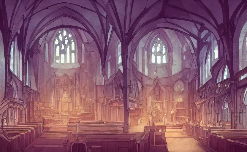 Image similar to a renaissance church hall, crystal lights, mysterious atmosphere, cel - shading, cinematic, artstation, studio ghibli, miyazaki, highly details