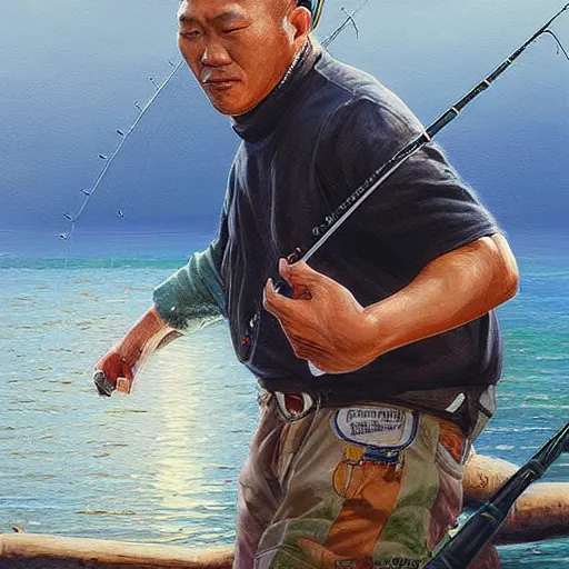 Image similar to portrait of minoru suzuki fishing, an oil painting by ross tran and thomas kincade