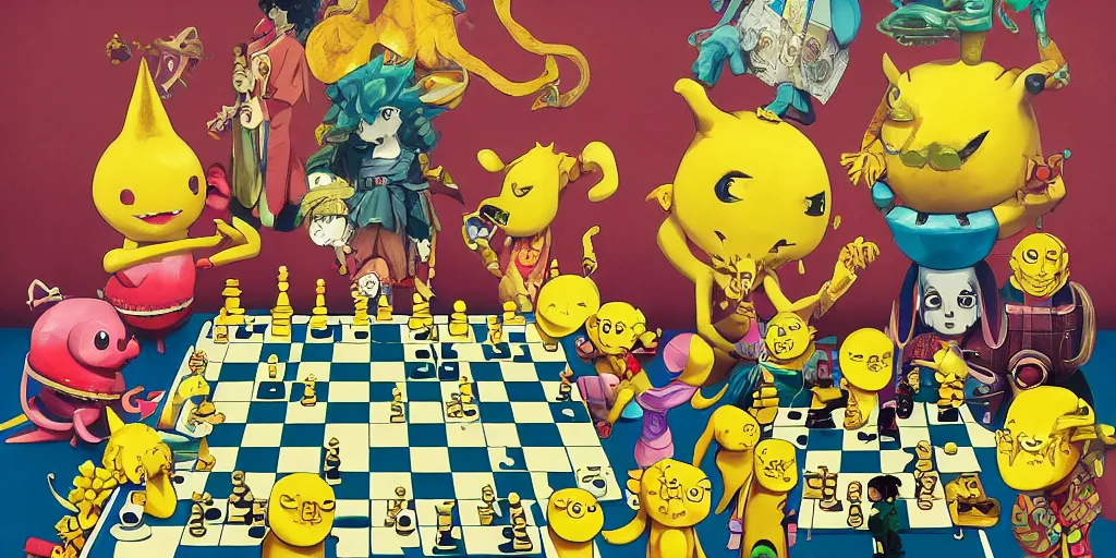 Image similar to cute anime monsters playing chess by Os Gemeos, 8k, trending on artstation, hyper detailed, cinematic