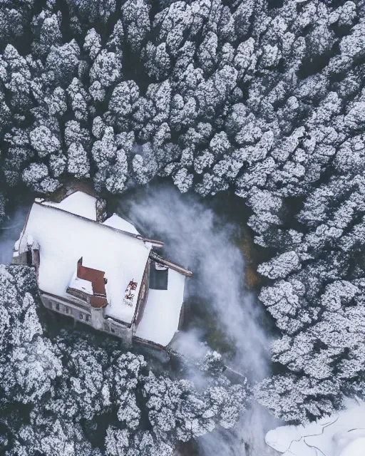 Image similar to hidden mansion on fire in the alps with snow covered roof, zoomed out, shot from drone, iphone capture