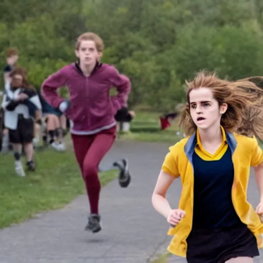 Image similar to Still of Emma Watson as Hermione Granger running in the school race. Prisoner of Azkaban. During golden hour. Extremely detailed. Beautiful. 4K. Award winning.